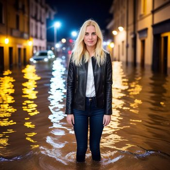 woman standing in a flooded street at night with a black leather jacket on and a white shirt on