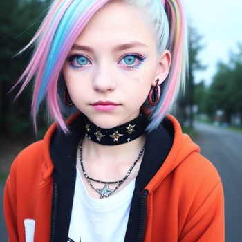 girl with a colorful hair and piercings on her neck and a hoodie on her head and a street