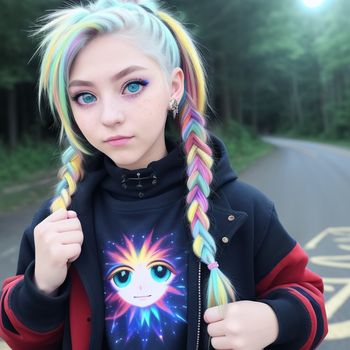 girl with a rainbow braid and a t - shirt with an image of a sun and a star