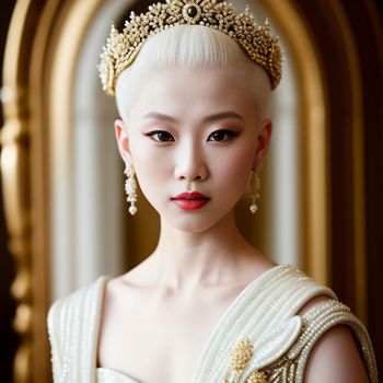 woman with a white hair and a tiara on her head and a red lip and a gold ring