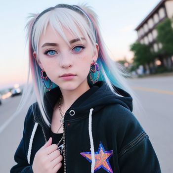 girl with blue eyes and pink hair wearing a black jacket and star earrings