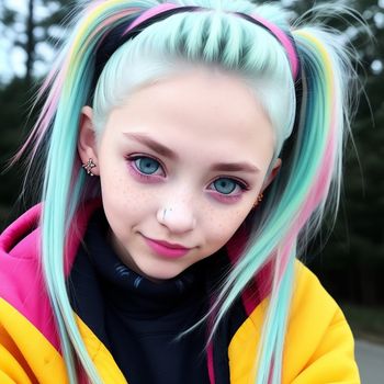 girl with pastel hair and piercings on her ears and nose is posing for a picture with her hands on her hips