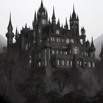 castle with a clock on the front of it at night time with fog and trees around it and a foggy sky