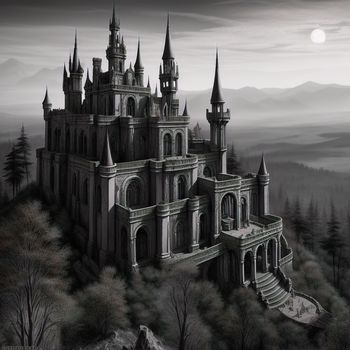 castle with a staircase and towers on a hill with trees and mountains in the background and a full moon
