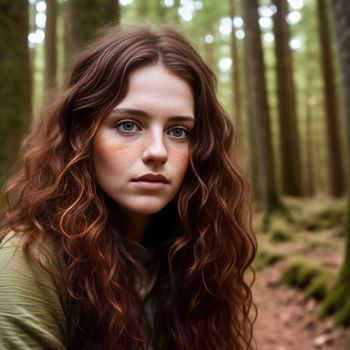 woman with long red hair standing in a forest with trees and mossy ground in the background