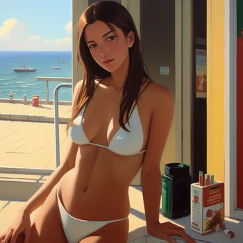 woman in a bikini sitting on a ledge next to a building and a beach with a can of sunscreen