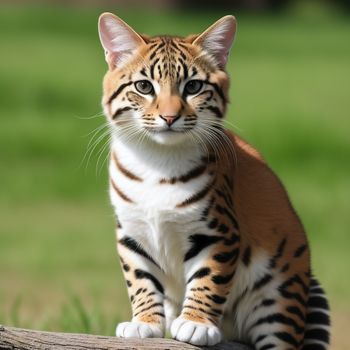 tiger cat sitting on top of a wooden log in a field of grass and grass behind it is a green field