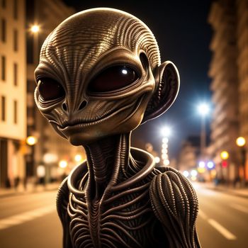 strange looking alien standing on the side of a road at night with a city street in the background