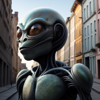 statue of a alien is standing in the middle of a street in a city with buildings in the background