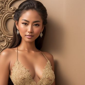 woman in a bra posing for a picture in a tan bra top and earrings with a gold background