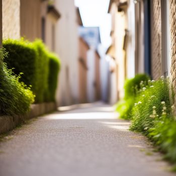 narrow street with a brick building and green plants on the side of it and a sidewalk between the buildings