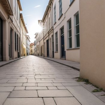 street with a few buildings and a sun shining down on it's side walk and windows on the side