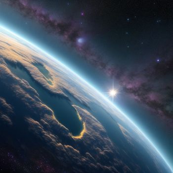 view of the earth from space with a bright star in the background and a bright glow in the middle