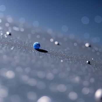 blue ball is sitting on a silver surface with bubbles of water around it and a blue sky in the background