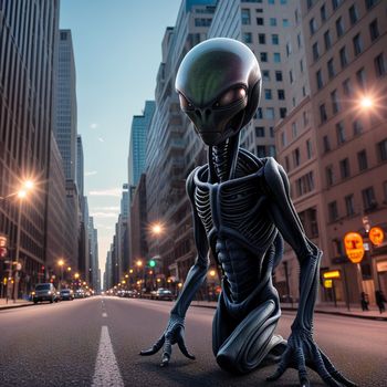 alien sitting on the side of a road in the middle of a city at night with a traffic light