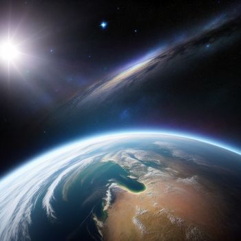 view of the earth from space with a bright sun in the background and a bright star in the sky