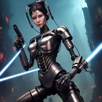 woman in a futuristic suit holding a gun and a light saber in her hand with a city in the background