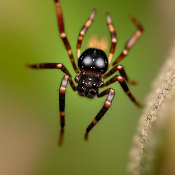 close up of a spider on a plant stem with a blurry background of grass and a blurry background