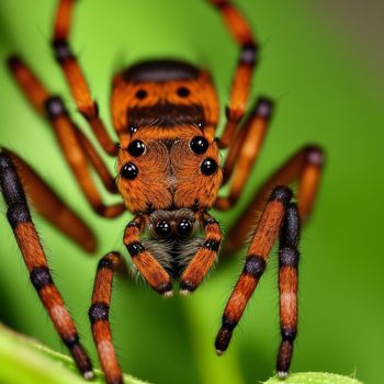 close up of a spider on a leaf with a green background and a black stripe on the bottom of the legs