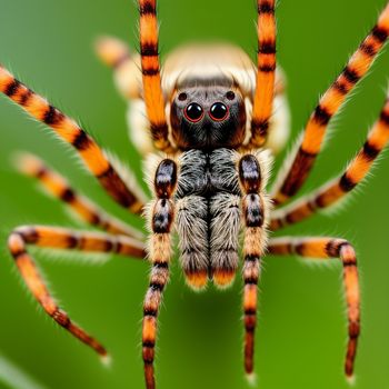 close up of a spider on a green background with a blurry background of the spider's legs