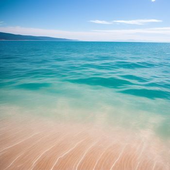 beach with a clear blue ocean and a sandy shore line with a few waves coming in to shore