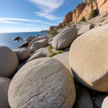 bunch of rocks that are on the ground by the water and a hill with rocks on it and a blue sky