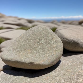 rock with a small piece of rock on top of it sitting on a rock covered in grass and rocks