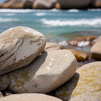 pile of rocks sitting on top of a beach next to the ocean with a wave coming in to shore