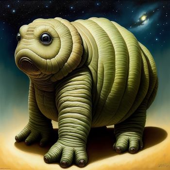 painting of a giant armadile in a desert area with a star in the background and a galaxy in the background