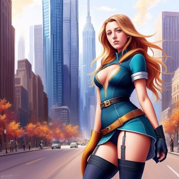 woman in a blue dress and boots is standing in the middle of a city street with tall buildings