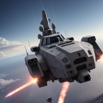 futuristic vehicle flying through the sky with two rockets coming out of it's back end and a smaller one in the background