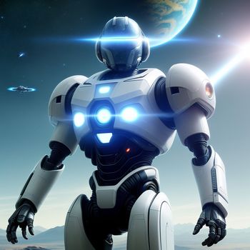 robot with glowing eyes standing in front of a planet with a star in the background and a distant sky