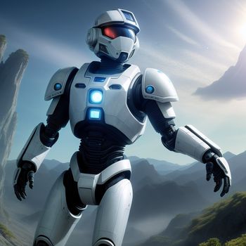 robot is standing in the middle of a mountain range with a bright light on his face and arms