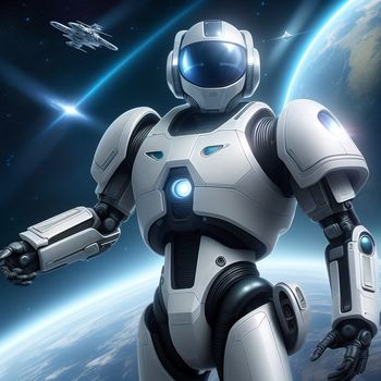 robot is standing in front of a planet with a spaceship in the background and a spaceship in the foreground