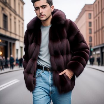 man in a fur coat is walking down the street in a city street with buildings in the background