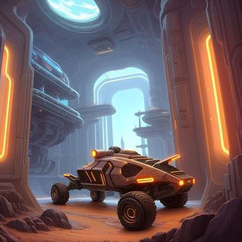 futuristic vehicle in a sci - fi fi fi environment with a bright light coming from the ceiling and a tunnel