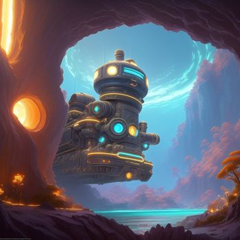 futuristic looking building in a cave with a river below it and a sky background with clouds and a bright blue light