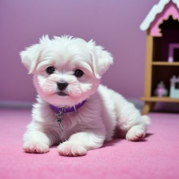 small white dog sitting on a pink carpet next to a toy house and a shelf with a doll