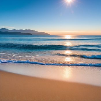 beach with a sun shining over the water and a wave coming in to shore and a mountain in the distance