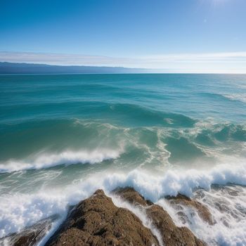 view of the ocean from a rocky shore line with waves crashing on the rocks and the sun shining on the horizon