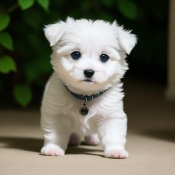 small white dog with a blue collar standing on a floor next to a bush and a door way