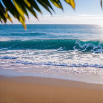 wave is coming in to the shore of the beach with a palm tree branch in the foreground