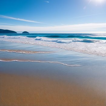 beach with waves coming in and out of the water and a bright sun in the sky above it