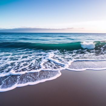 wave rolls in on the beach with a blue sky in the background and a blue sky in the foreground