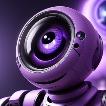 purple robot with a big eye and a camera around it's neck