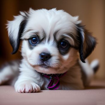 small white and black dog laying on a floor with a pink collar on it's neck and a black and white puppy with blue eyes