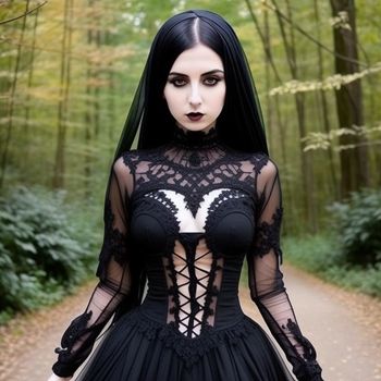 woman in a black dress standing in the middle of a forest with trees and leaves behind her