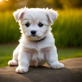small white dog sitting on top of a wooden bench in a field of grass and flowers in the background