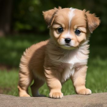 small puppy standing on top of a lush green field of grass next to a rock wall and looking at the camera