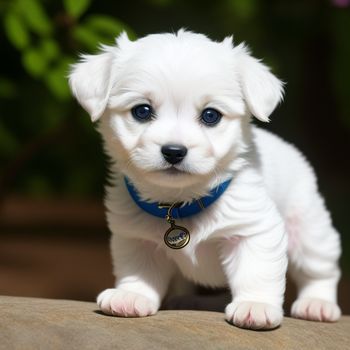 small white puppy with a blue collar on a rock looking at the camera with a serious look on his face